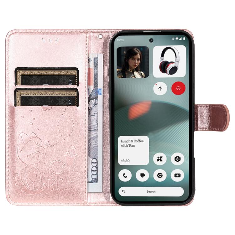 For Nothing Phone 3 Cat and Bee Embossed Flip Leather Phone Case(Rose Gold)