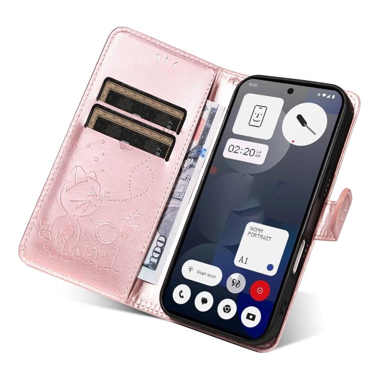 For Nothing Phone 3A Cat and Bee Embossed Flip Leather Phone Case(Rose Gold)