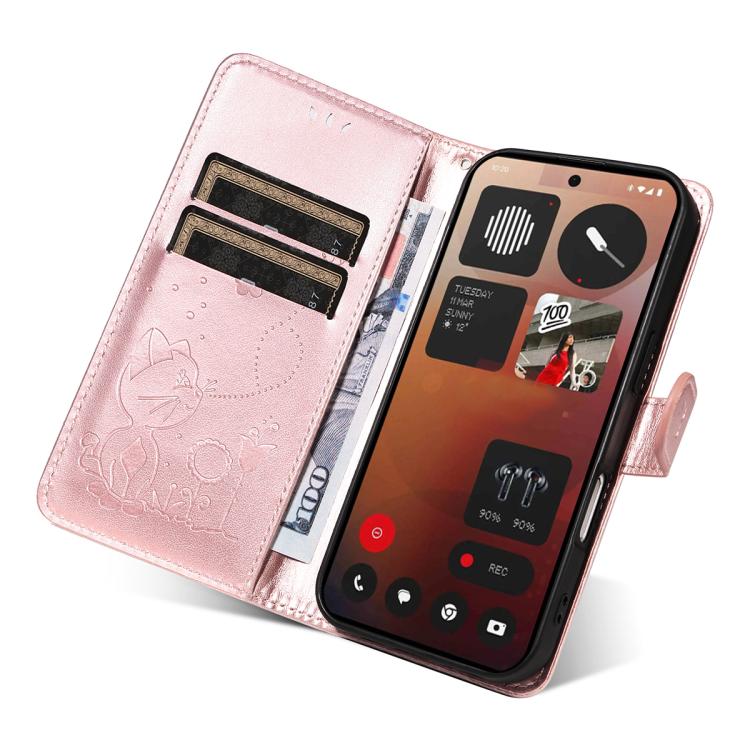 For Nothing Phone 3A Pro Cat and Bee Embossed Flip Leather Phone Case(Rose Gold)