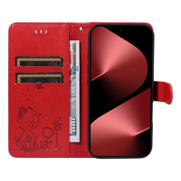 For Huawei Pura 80 Pro 5G Cat and Bee Embossed Flip Leather Phone Case(Red)