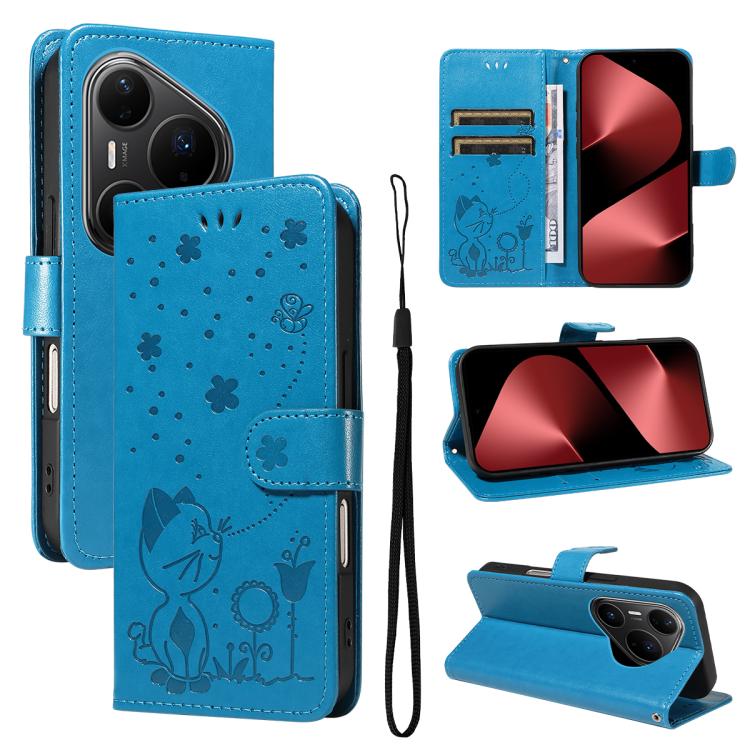 For Huawei Pura 80 Pro 5G Cat and Bee Embossed Flip Leather Phone Case(Blue)