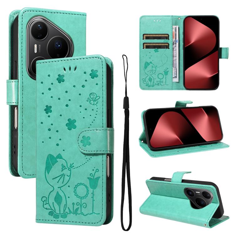 For Huawei Pura 80 Pro 5G Cat and Bee Embossed Flip Leather Phone Case(Green)