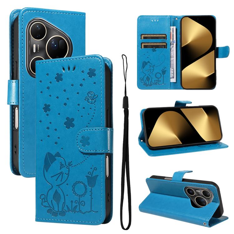 For Huawei Pura 80 Ultra 5G Cat and Bee Embossed Flip Leather Phone Case(Blue)