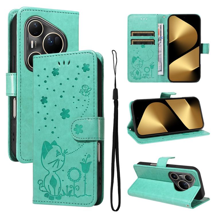 For Huawei Pura 80 Ultra 5G Cat and Bee Embossed Flip Leather Phone Case(Green)