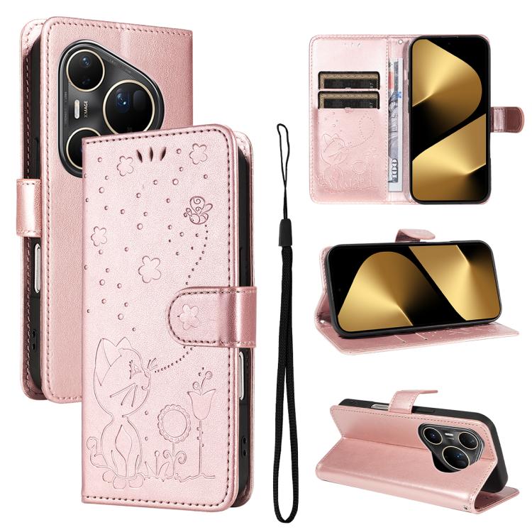 For Huawei Pura 80 Ultra 5G Cat and Bee Embossed Flip Leather Phone Case(Rose Gold)