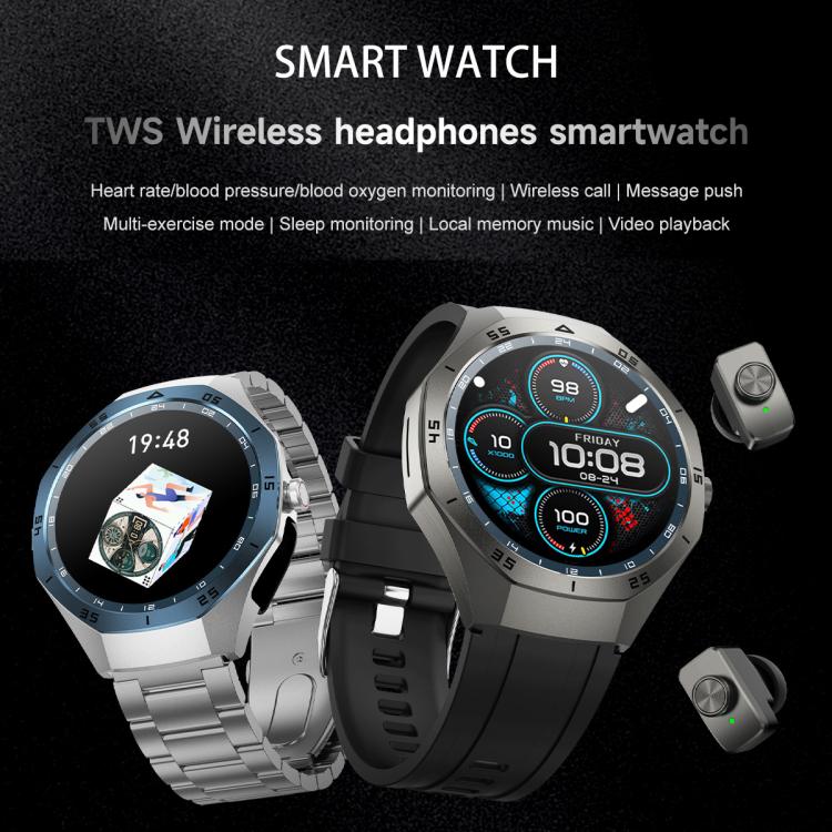 F38 Dual-ear Bluetooth Earphone Smart Watch IP67 Supports Heart Rate Monitoring, Watchband:Silicone(Silver) - free shipping - PMC Jewellery - Order now!