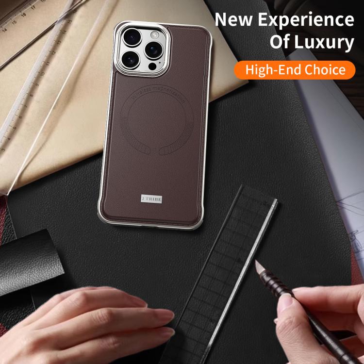 For iPhone 15 J TRIBE Metal Frameless Plain Leather MagSafe Phone Case(Black) - free shipping - PMC Jewellery - Order now!