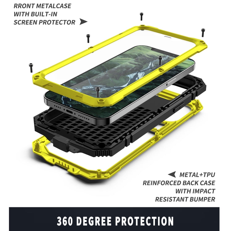 For iPhone 12 / 12 Pro R-JUST Shockproof Water-resistant Dust-proof Metal + Silicone Protective Case with Holder(Yellow)