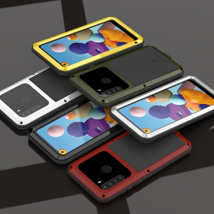 For Samsung Galaxy A21 (US Version) LOVE MEI Metal Shockproof Waterproof Dustproof Protective Case with Glass(Yellow) - free shipping - PMC TechLife - Order now!