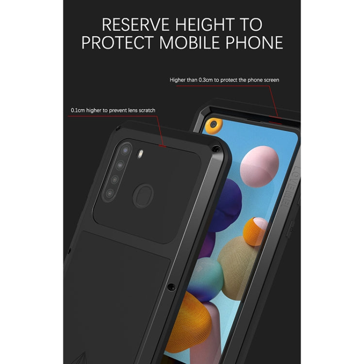 For Samsung Galaxy A21 (US Version) LOVE MEI Metal Shockproof Water-resistant Dustproof Protective Case with Glass(Army Green)