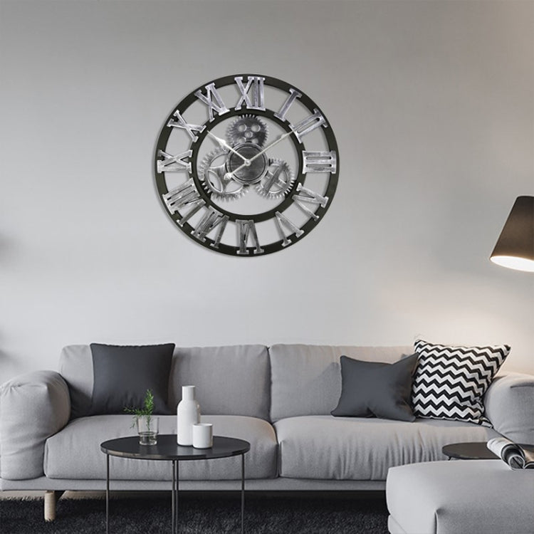 Retro Wooden Round Single-sided Gear Clock Rome Number Wall Clock, Diameter: 58cm (Silver)