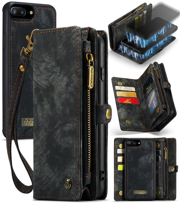CaseMe for iPhone 8 Plus & 7 Plus Multifunctional Leather Billfold with Detachable Magnetic PC Back Protective Case & Holder & 11 Card Slots & 3 Cash Slots & 1 Zipper Wallet & 2 Photo Frames & 3 Magnetic Clasps(Black)