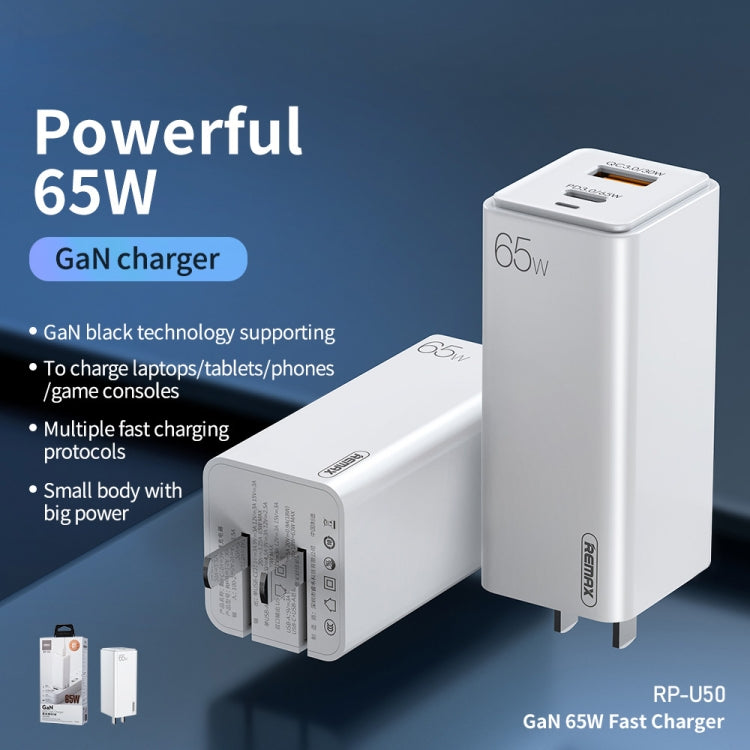REMAX RP-U50 GaN 65W PD + QC 3.0 Type-C+ USB Port Fast Charger (US)(White)