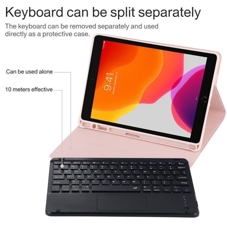 TG109BC Detachable Bluetooth Black Keyboard + Microfiber Leather Tablet Case for iPad Air 2020, with Touch Pad & Pen Slot & Holder (Pink)