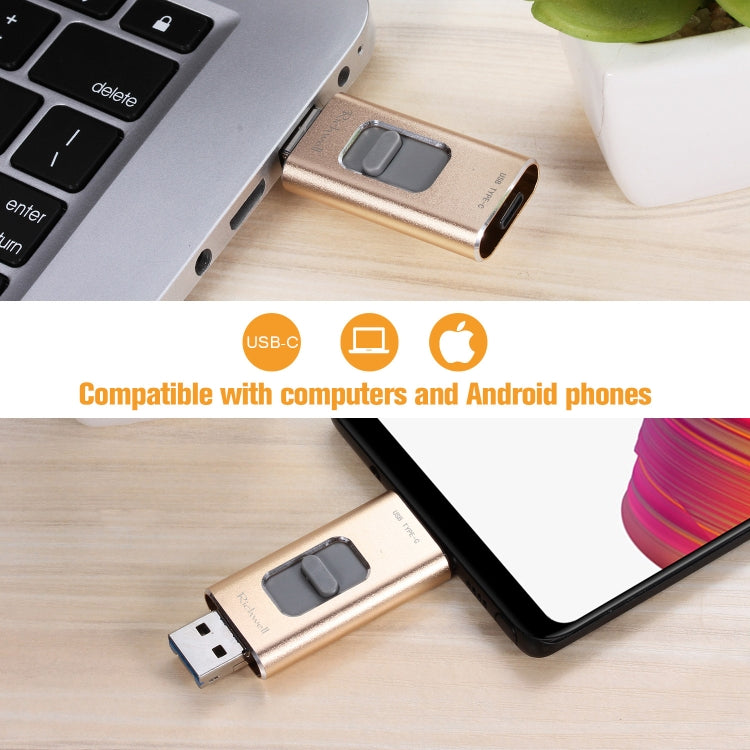 Richwell 3 in 1 128G Type-C + 8 Pin + USB 3.0 Metal Push-pull Flash Disk with OTG Function(Gold)