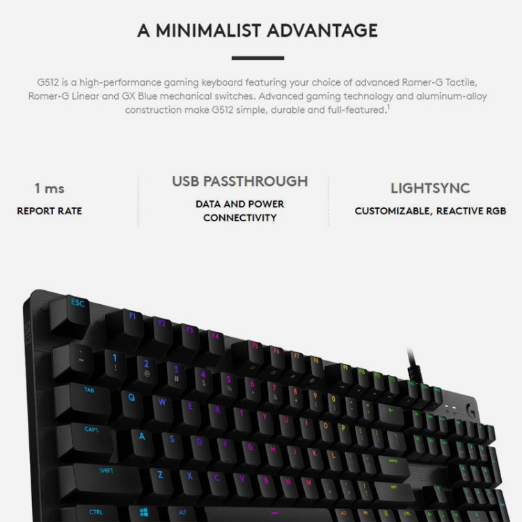Logitech G512 RGB L-axis Mechanical Wired Gaming Keyboard, Length: 1.8m (Black)