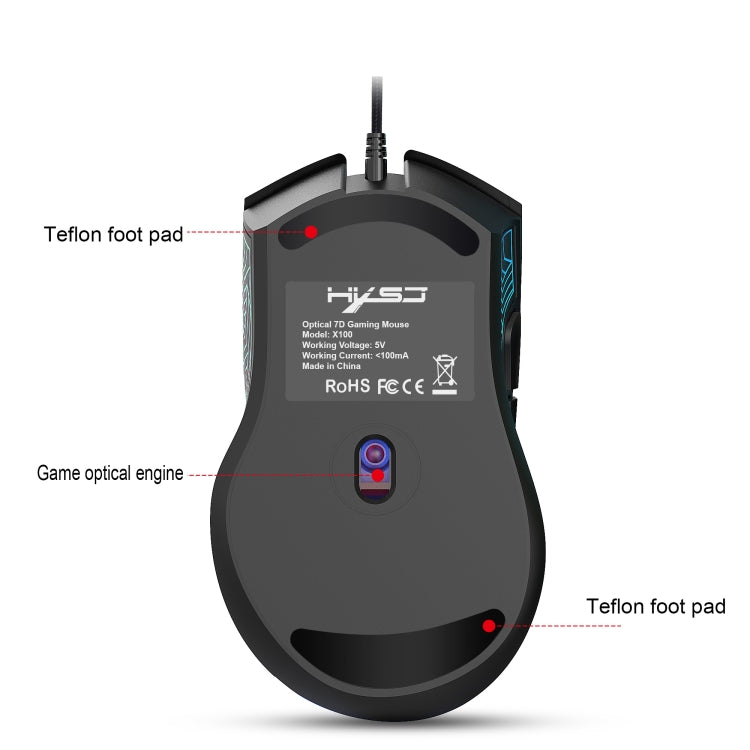 HXSJ X100 7-buttons 3600 DPI Cool Glowing Wired Gaming Mouse, Cable Length: 1.5m (Black)