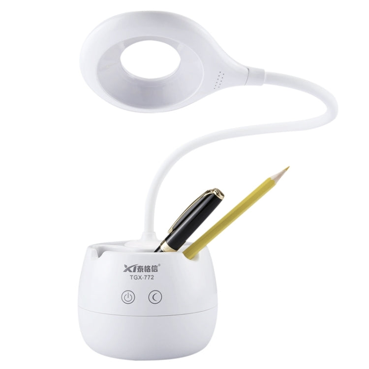 TGX-772 3-grade Brightness Touch Dimmer LED Desk Lamp, 28 LEDs Flexible Goose Neck Hollow Ring Design Eye Protection Light with Pen Holder / Small Night Light Function