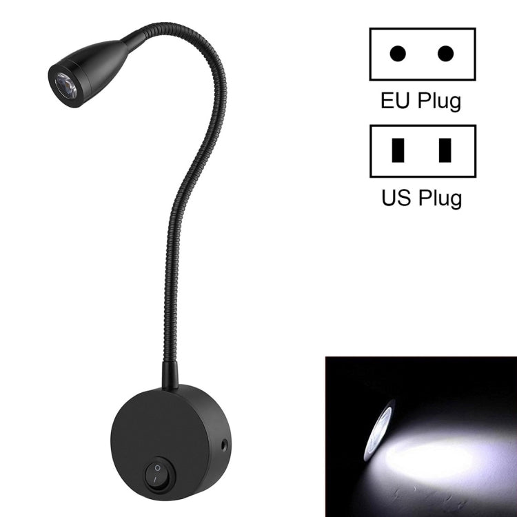 3W Black Shell Flexible Goose Neck White Light LED Reading Lamp Light , 160 LM 3000-3200K Wall Mount Light Wall Sconce Lamp, Got the CE / FCC Certification, Goose Neck Length: 30cm, US/EU Plug, Default Delivery US Plug