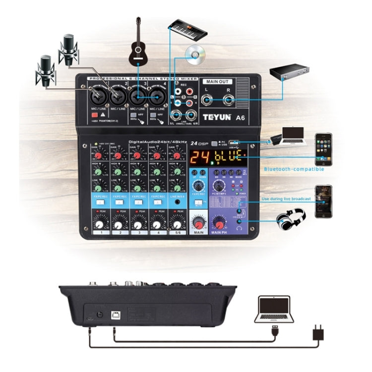 TEYUN NA6 6-channel Small Mixing Console Mobile Phone Sound Card Live Broadcast Computer Recording Console Processor, EU Plug(Black)
