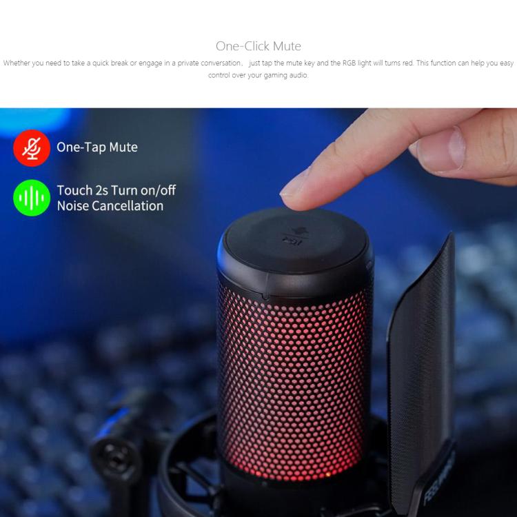 FEELWORLD VM1 USB Condenser Gaming Microphone for Streaming Noise Cancellation Mute RGB Light Desktop Stand (Black)