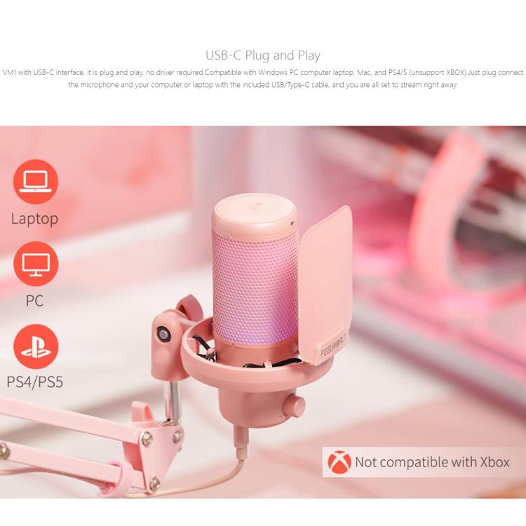 FEELWORLD VM1 USB Condenser Gaming Microphone for Streaming Noise Cancellation Mute RGB Light Boom Arm Stand (Pink)