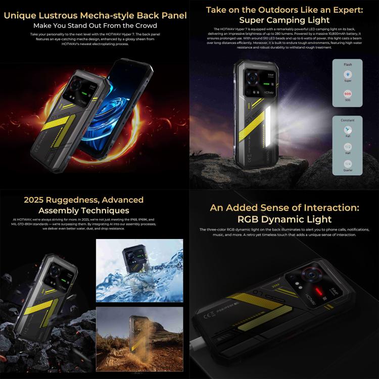 HOTWAV Hyper 7 Rugged Phone, 8GB+256GB, 10800mAh, 6.6 inch Android 14 MediaTek Dimensity 7050 5G, Network: 5G, OTG, NFC (Punk Yellow)