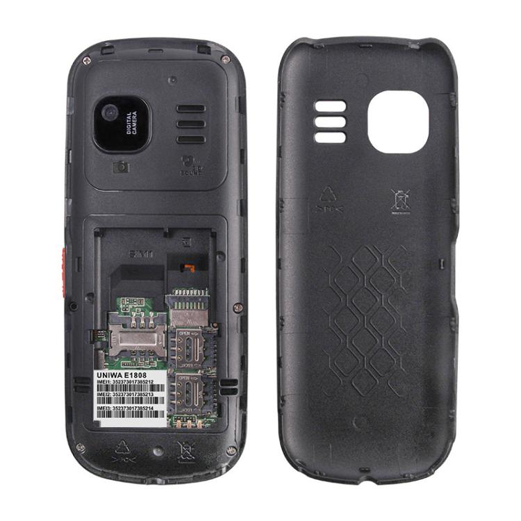 UNIWA E1808 Elder Keypad Phone, 1.77 inch SC6531E, LED Flashlight, 21 Keys, Network: 2G, Triple SIM, EU Plug (Black)