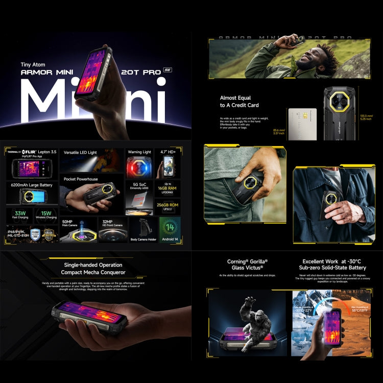 Ulefone Armor Mini 20T Pro, Thermal Imaging, 8GB+256GB, IP68/IP69K Rugged Phone, 4.7 inch Android 14 MediaTek Dimensity 6300 5G Octa Core, Network: 5G, NFC, OTG (Mecha Black) - free shipping - PMC Jewellery - Order now!