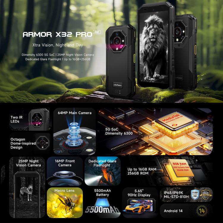 Ulefone Armor X32 Pro 5G, 8GB+256GB, Night Vision, IP68/IP69K Rugged Phone, 5.65 inch Android 14 MediaTek Dimensity 6300 Octa Core, Network: 5G, NFC, OTG (Classic Black) - free shipping - PMC Jewellery - Order now!
