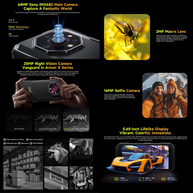 Ulefone Armor X32 Pro 5G, 8GB+256GB, Night Vision, IP68/IP69K Rugged Phone, 5.65 inch Android 14 MediaTek Dimensity 6300 Octa Core, Network: 5G, NFC, OTG (Classic Black) - free shipping - PMC Jewellery - Order now!