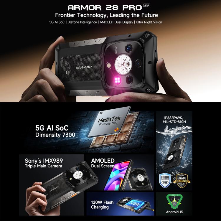 Ulefone Armor 28 Pro Rugged Phone, 16GB+512GB, Night Vision, 10600mAh, 6.67 inch + 1.04 inch Android 15 MediaTek Dimensity 7300 Octa Core, Network: 5G, NFC (Black)