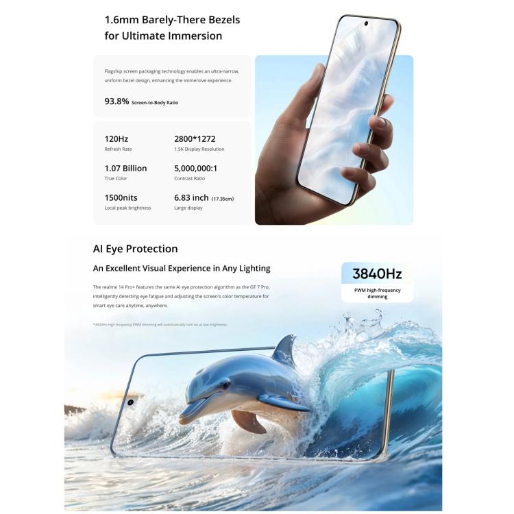 Realme 14 Pro+, 12GB+512GB, Screen Fingerprint Identification, 6.83 inch Realme UI 6.0 Snapdragon 7s Gen 3 Octa Core, NFC, Network: 5G (Grey)