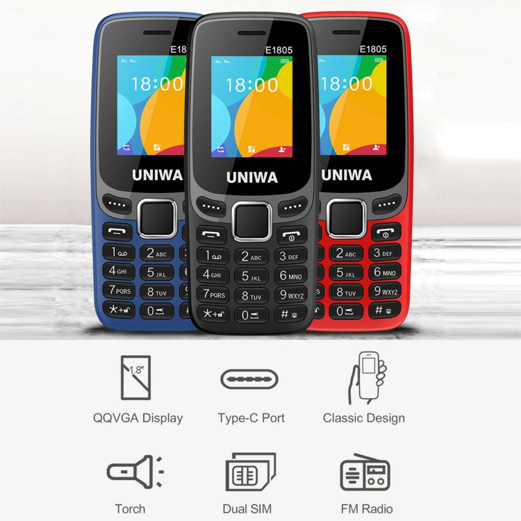 UNIWA E1805, 1.77 inch, SC6531E, 21 Keys, Support Bluetooth, Torch, FM, MP3, MP4, GSM, Dual SIM (Blue)