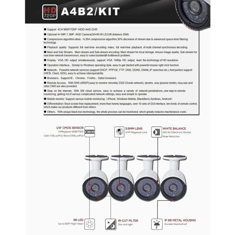 A4B2 4Ch Bullet IP Camera NVR Kit, Support Night Vision / Motion Detection, IR Distance: 20m (A4B2/Kit 960P 1.3 Mega Pixel) - Video Recorder Kit by PMC Jewellery | Online Shopping South Africa | PMC Jewellery | Buy Now Pay Later Mobicred