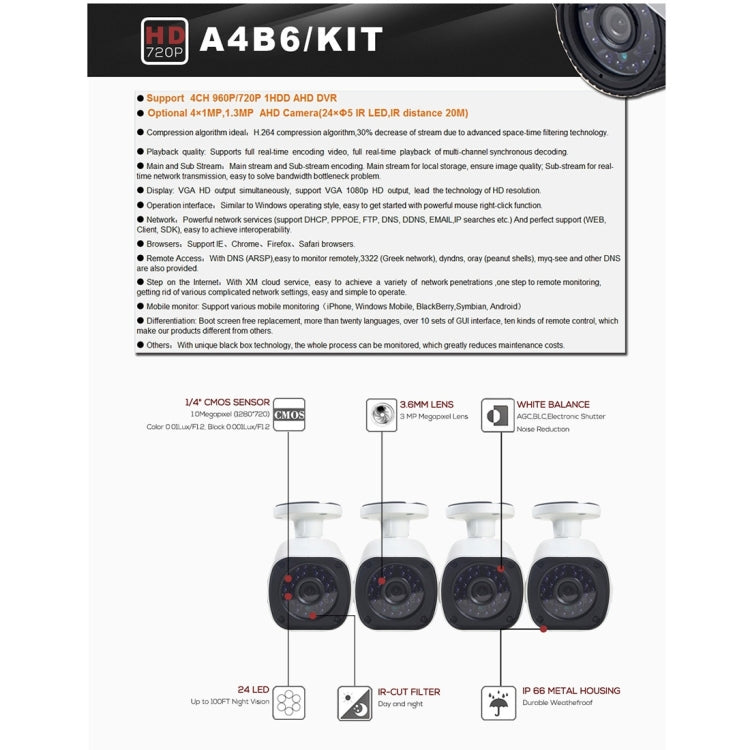A4B6 4Ch Bullet IP Camera NVR Kit, Support Night Vision / Motion Detection, IR Distance: 15m - Video Recorder Kit by PMC Jewellery | Online Shopping South Africa | PMC Jewellery | Buy Now Pay Later Mobicred