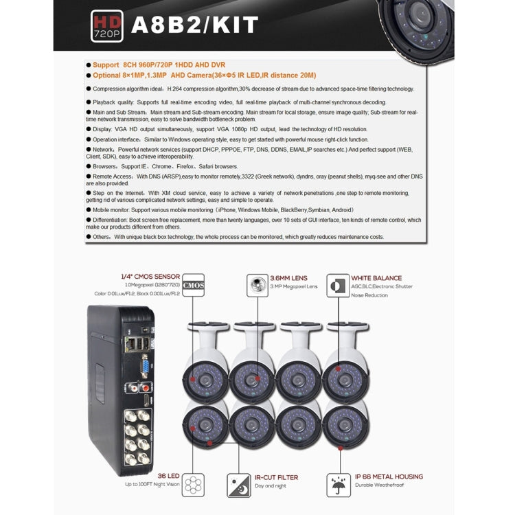 A8B2 8Ch Bullet IP Camera NVR Kit, Support Night Vision / Motion Detection, IR Distance: 20m - Video Recorder Kit by PMC Jewellery | Online Shopping South Africa | PMC Jewellery | Buy Now Pay Later Mobicred