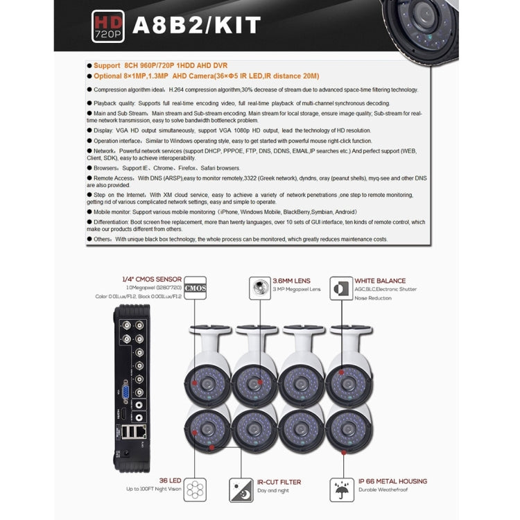 A8B2 8Ch Bullet IP Camera NVR Kit, Support Night Vision / Motion Detection, IR Distance: 20m - free shipping - PMC Jewellery - Order now!
