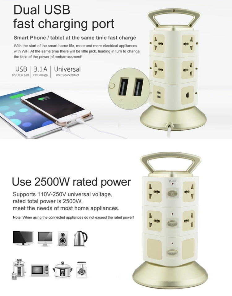 VONETS WiFi-SB-L3 3 Layers with 8 Outlets + 2 USB Ports + RJ45 Port 300Mbps WiFi Repeater Smart Power Sockets, EU Plug, Cable Length: 2m(Gold)