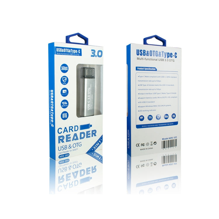 ADS-103 3 in 1 Type-C Male to USB 3.0 Female + SD / TF Card Slots OTG Adapter SD / TF Card Reader (Silver) - by PMC Jewellery | Online Shopping South Africa | PMC Jewellery | Buy Now Pay Later Mobicred