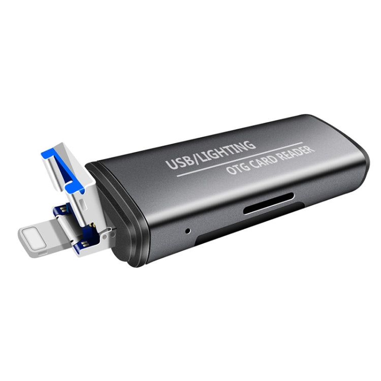 118 2 in 1 USB + 8 Pin Interfaces USB Flash Disk / Memory Card OTG Card Reader for IOS System Mobile Phone / Computer (Dark Gray)