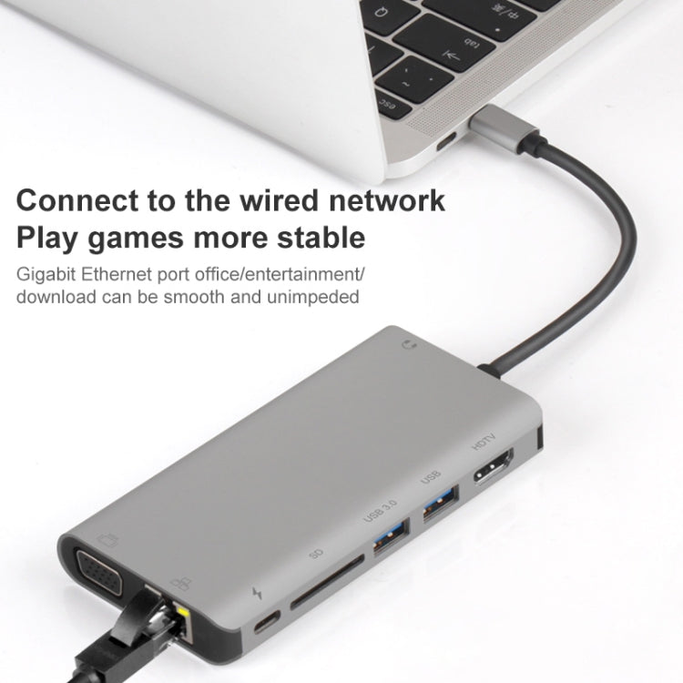 Onten 9591BD 8 in 1 USB-C / Type-C to PD USB-C / Type-C Charging + Gigabit Ethernet + Dual USB 3.0 + HDMI + VGA + SD Card Slot + 3.5mm AUX HUB(Grey)
