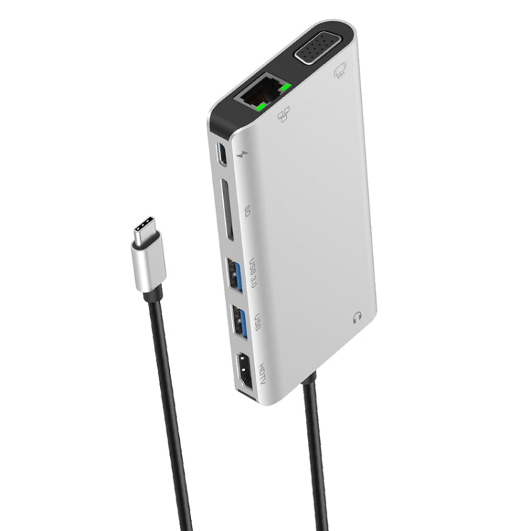 Onten 9591BD 8 in 1 USB-C / Type-C to PD USB-C / Type-C Charging + Gigabit Ethernet + Dual USB 3.0 + HDMI + VGA + SD Card Slot + 3.5mm AUX HUB(Silver)