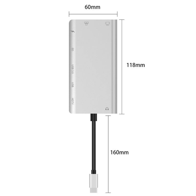 Onten 9591BD 8 in 1 USB-C / Type-C to PD USB-C / Type-C Charging + Gigabit Ethernet + Dual USB 3.0 + HDMI + VGA + SD Card Slot + 3.5mm AUX HUB(Silver)