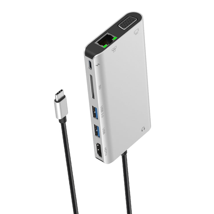 Onten 9591BD 8 in 1 USB-C / Type-C to PD USB-C / Type-C Charging + 100M Ethernet Port + Dual USB 3.0 + HDMI + VGA + SD Card Slot + 3.5mm AUX HUB (Silver)