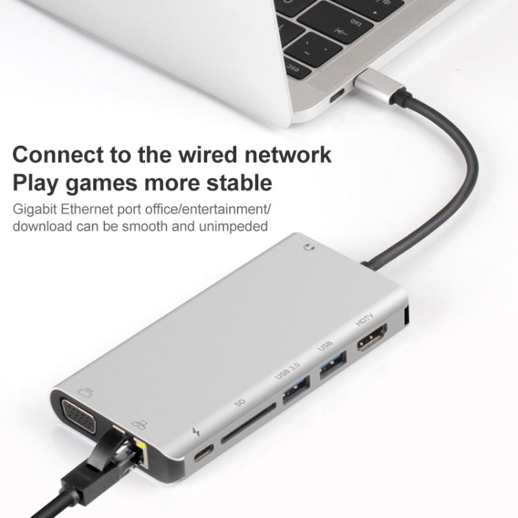 Onten 9591BD 8 in 1 USB-C / Type-C to PD USB-C / Type-C Charging + 100M Ethernet Port + Dual USB 3.0 + HDMI + VGA + SD Card Slot + 3.5mm AUX HUB (Silver)