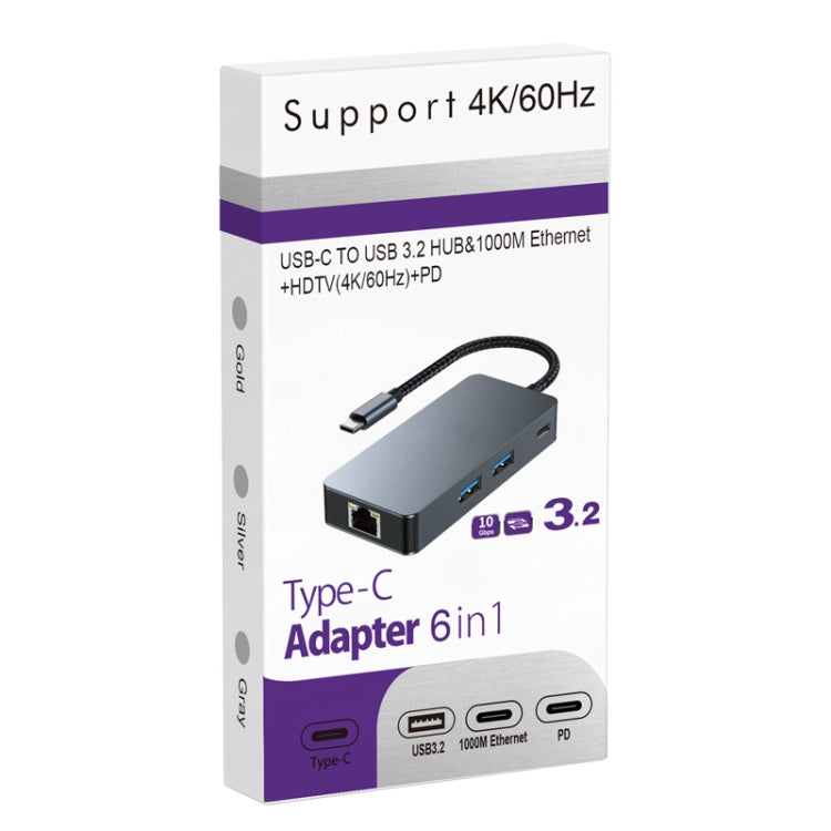 BYL-2308 6 in 1 USB-C / Type-C to USB3.2 + Gigabit Internet + HDTV HUB Adapter (Dark Gray) - USB HUB by PMC Jewellery | Online Shopping South Africa | PMC Jewellery | Buy Now Pay Later Mobicred