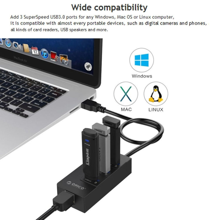 ORICO HR01-U3 ABS 3 Ports USB3.0 HUB Splitter with External RJ45 Gigabit Ethernet Network Card 5 Gbps for Laptops / Desktop / Ultrabook etc.(Black) - free shipping - PMC TechLife - Order now!