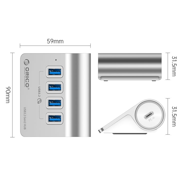 ORICO M3U4 Aluminum Alloy 4-Port USB 3.2 Gen1 10Gbps HUB (Silver) - free shipping - PMC Jewellery - Order now!