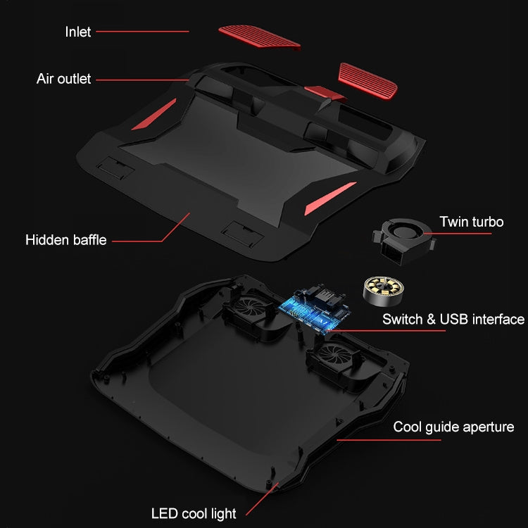 SSRQ-021S Rainbow Version Flank Glowing Dual-fan Laptop Radiator Two-speed Adjustable Computer Base for Laptops Under 18 inch